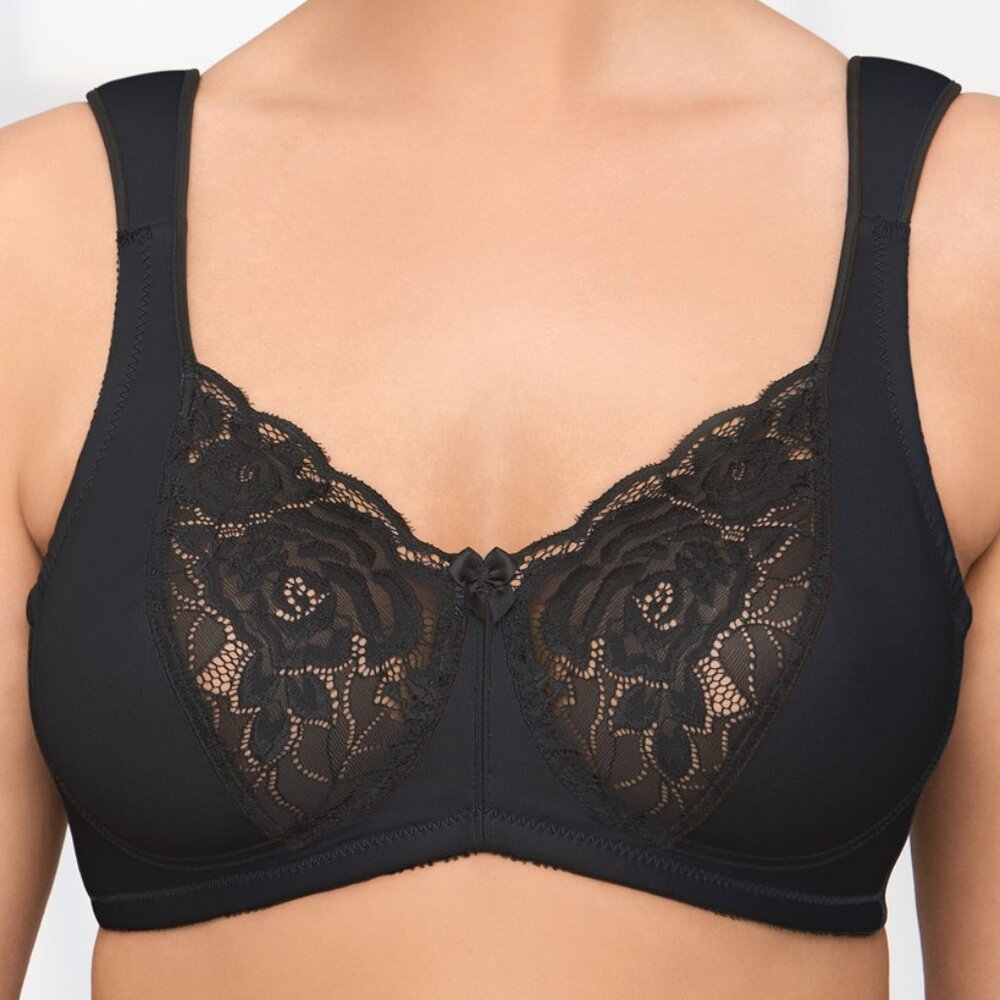 Glamorise (X-WIDE-STRAP) Bra 50F Satin Lace Soft Cup Plus-Size Support Black NEW